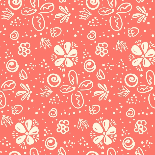 Tierno color melocotón doodle floral de patrones sin fisuras Preciosa textura ingenua con flores de contorno, hojas y manchas para niñas, papel de regalo textil, pancarta, ropa interior, superficie, fondo de pantalla