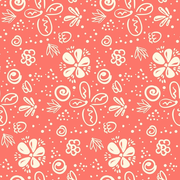 Vector tierno color melocotón doodle floral de patrones sin fisuras preciosa textura ingenua con flores de contorno, hojas y manchas para niñas, papel de regalo textil, pancarta, ropa interior, superficie, fondo de pantalla