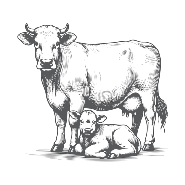 El tierno momento de la vaca y el ternero en el dibujo detallado