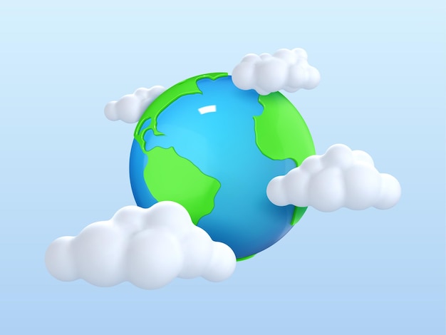 Tierra de dibujos animados en 3D con nubes Problemas ambientales y concepto de protección del medio ambiente Ilustración 3d vectorial