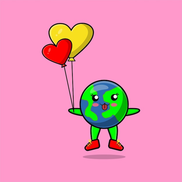 Tierra de dibujos animados lindo flotando con ilustración de vector de dibujos animados de globo de amor