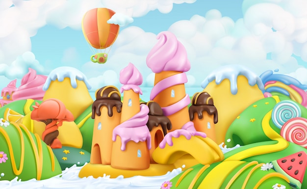 Tierra de dulces dulces, pastelería, dibujos animados de vector