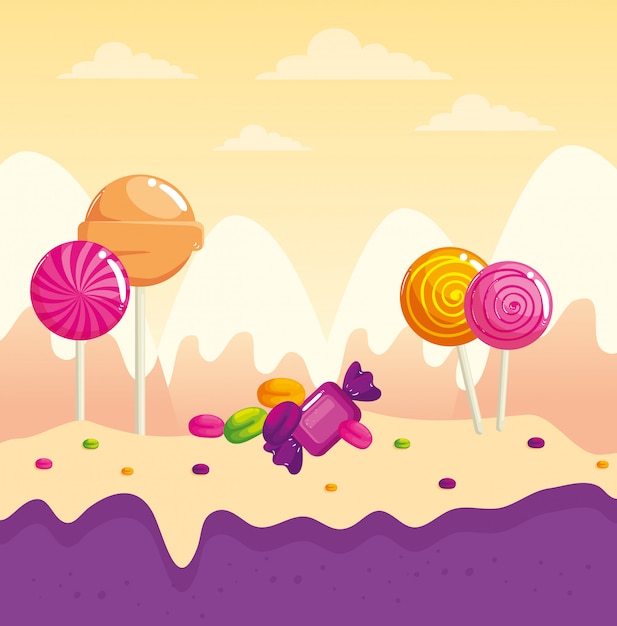 Tierra de dulces con piruletas y caramelos