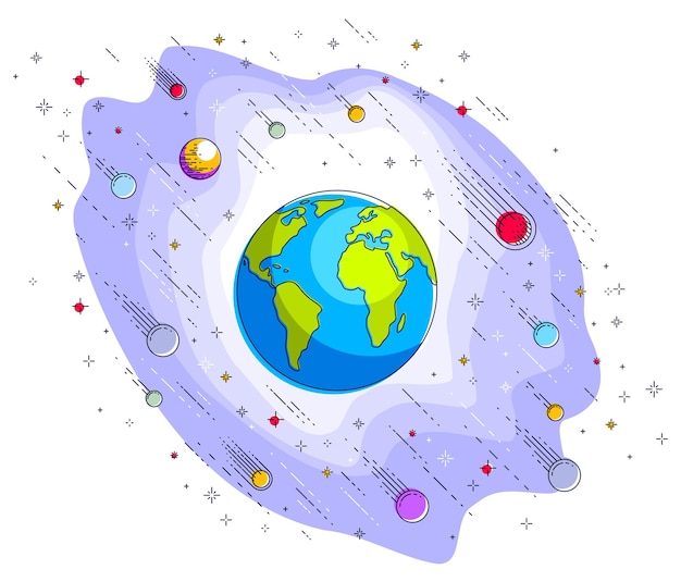Tierra en el espacio, nuestro planeta en un enorme cosmos rodeado de meteoritos, asteroides y estrellas. Universo de ciencia de dibujos animados. Ilustración de vector 3d de línea delgada aislado en blanco.