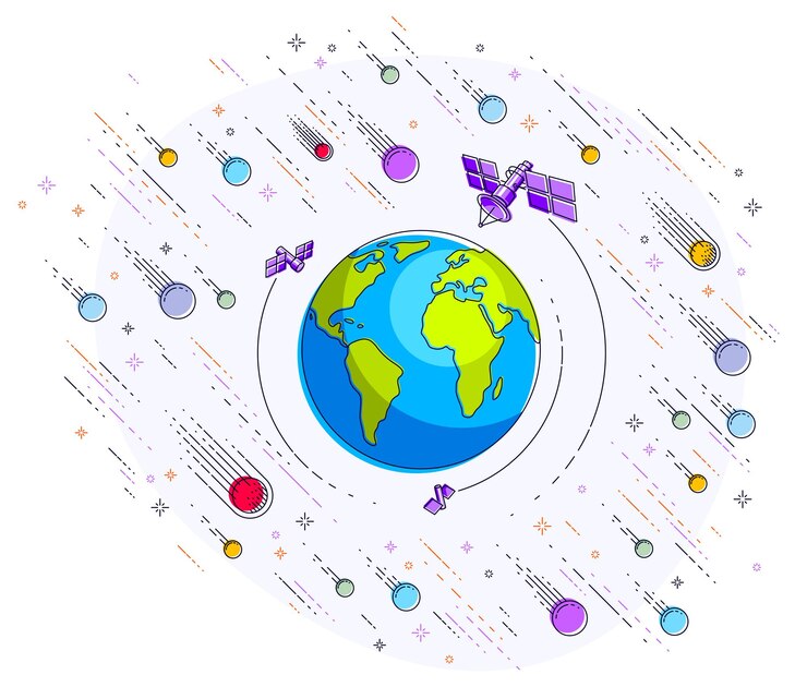 Vector tierra en el espacio, nuestro planeta en un enorme cosmos rodeado de satélites artificiales, cohetes y estrellas. tema de tecnología de comunicación global. ilustración de vector 3d de línea delgada aislado en blanco.