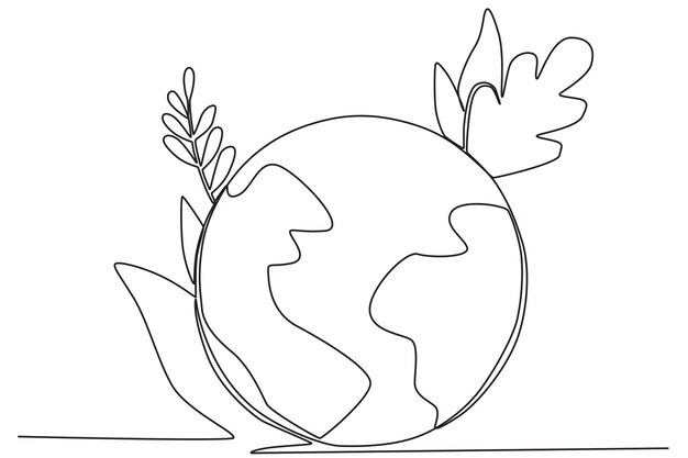 La tierra está cubierta de varias hojas Dibujo de una línea del día mundial del medio ambiente