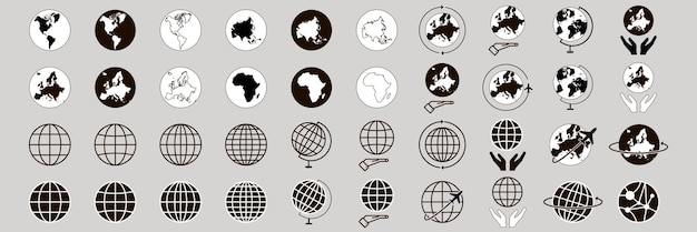 Tierra global blanco y negro establecer iconos ilustración vectorial