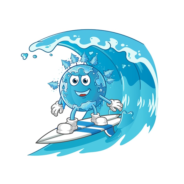 Tierra de invierno surfeando en el carácter de las olas. mascota de dibujos animados
