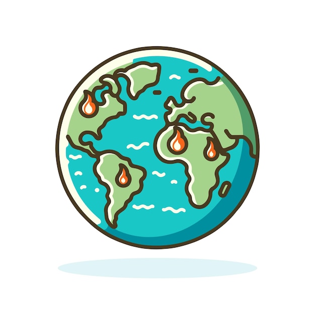 Tierra con llamas en los continentes Concepto de cambio climático Icono del globo terrestre Ilustración vectorial