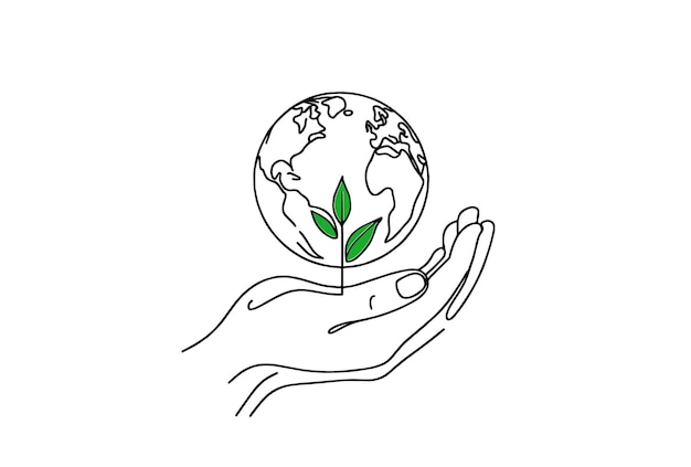 La tierra en la mano dibujo de líneas continuas concepto de eco y día de la tierra