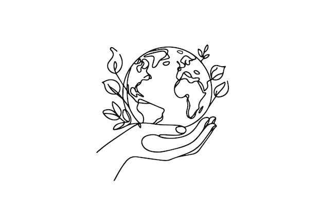 La tierra en la mano dibujo de líneas continuas concepto de eco y día de la tierra