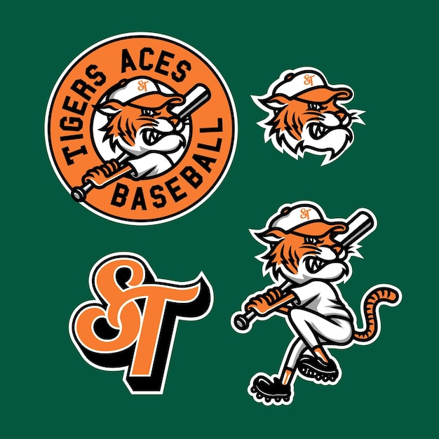 Vector tiger mascot object baseball club sport set en diseño vintage dibujado a mano