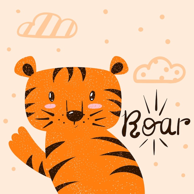 Tiger, rugir ilustración. mano de dibujos animados dibujar personaje de monstruo para la camiseta de impresión.