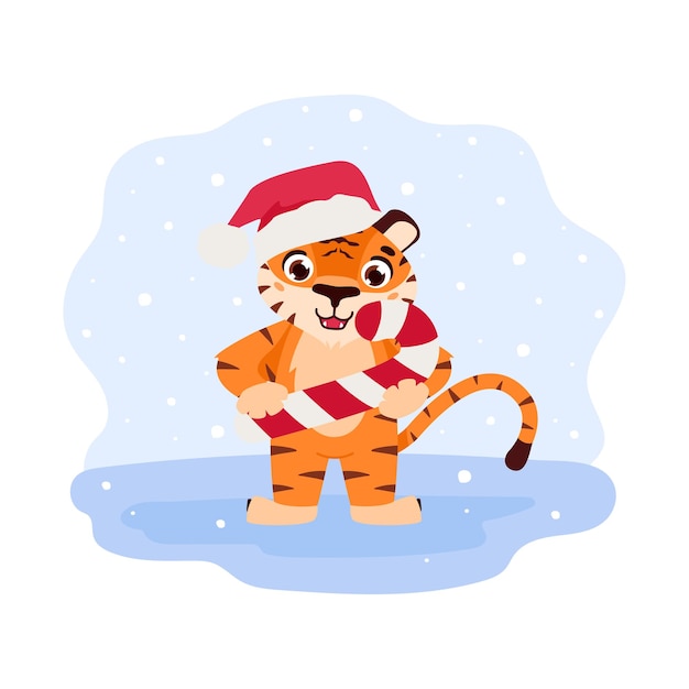 Tigre alegre sostiene un bastón de caramelo El símbolo del Año Nuevo chino Animal de dibujos animados 2022