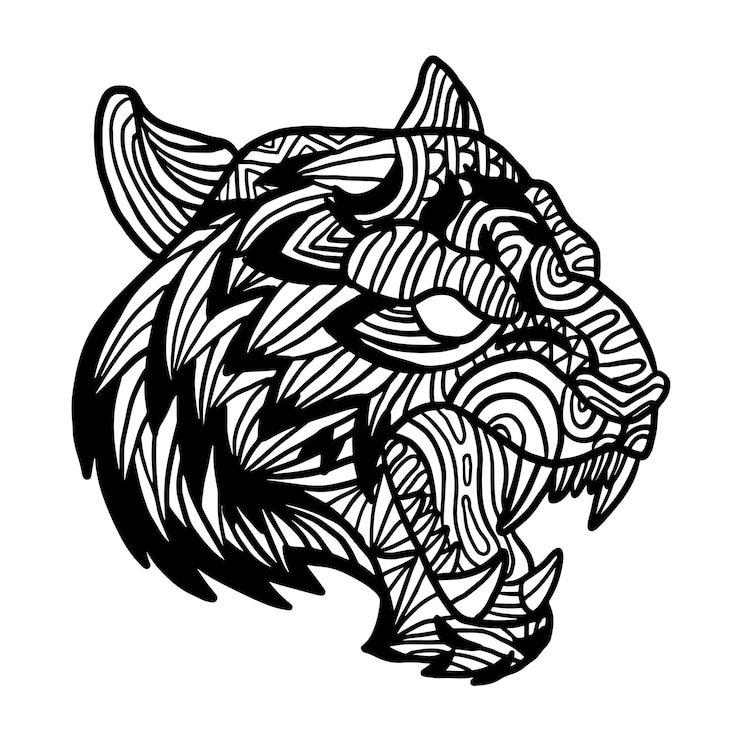 Vector tigre, animal, cabeza, zen, garabato, colorido, página