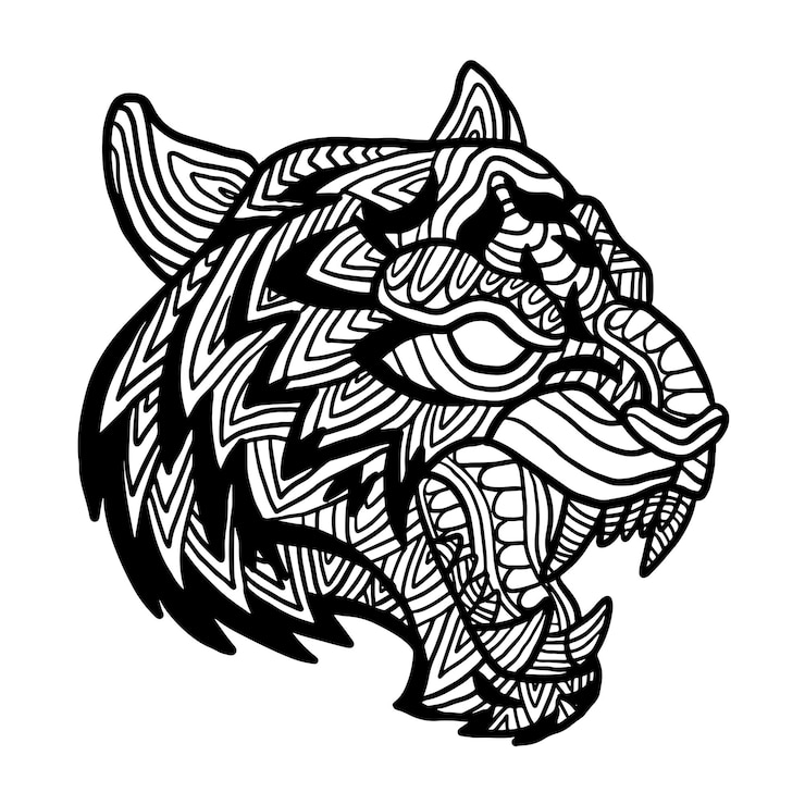 Vector tigre, animal, cabeza, zen, garabato, colorido, página