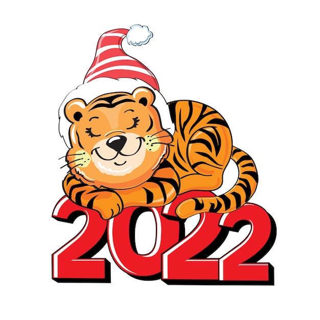 Tigre de bebé de dibujos animados lindo con un sombrero de santa claus con números 2022 ilustración vectorial aislado