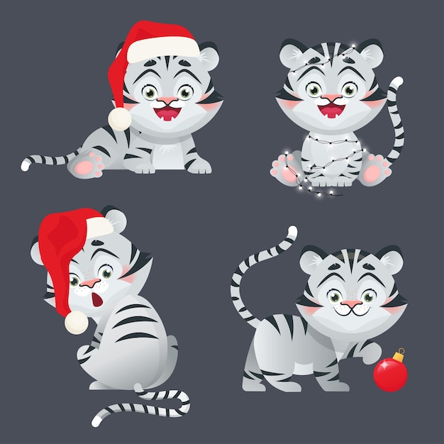 Tigre blanco como símbolo del año nuevo 2022 en gorro de Papá Noel y otra decoración navideña