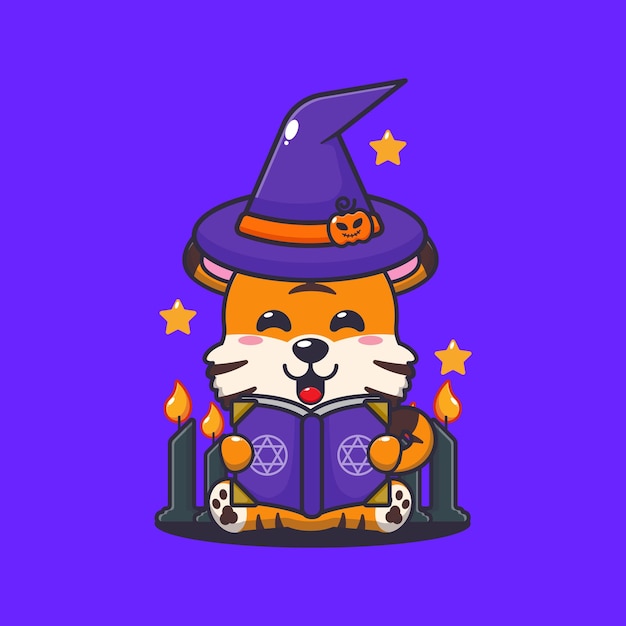 tigre brujo leyendo libro de hechizos en el día de halloween