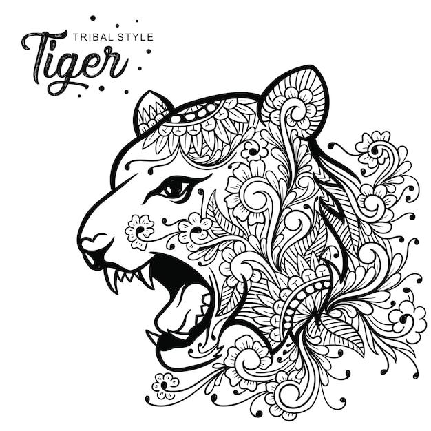 Tigre cabeza estilo tribal dibujado a mano