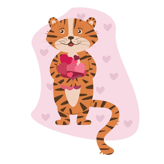 Tigre con corazones en las patas. Idea para ilustración para el Día de San Valentín.