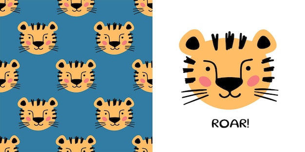 Tigre dibujado a mano para ropa de bebé Ilustración vectorial en estilo garabato Postal con tigre y patrones sin fisuras