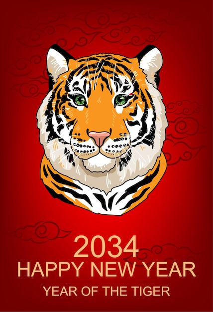 Tigre dibujado a mano, signo del zodiaco, horóscopo chino. El símbolo del año nuevo 2034. Bandera oriental