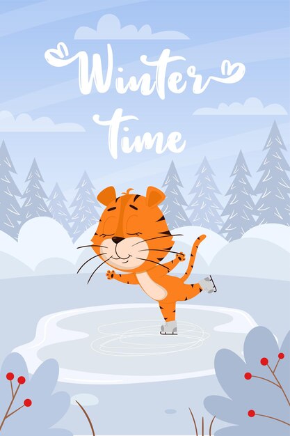 Tigre de dibujos animados lindo patinando en el fondo de un paisaje invernal con un bosque y ventisqueros.