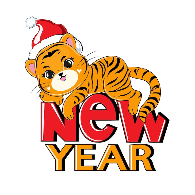 Tigre de dibujos animados lindo con sombrero de santa claus en letras rojas concepto de vector de año nuevo Navidad