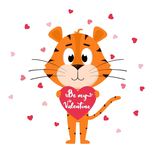 Un tigre de dibujos animados lindo tiene un corazón con las palabras be my valentine en sus patas. una tarjeta de san valentín