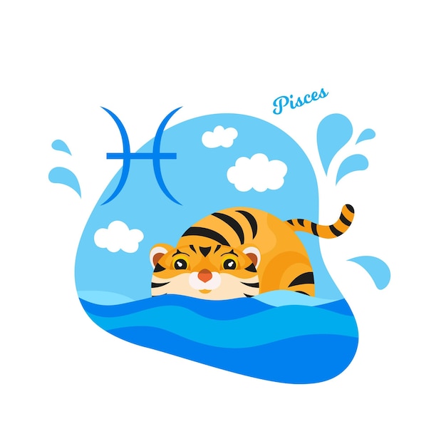 Tigre de dibujos animados piscis signo del zodiaco ilustración de vector plano aislado sobre fondo blanco