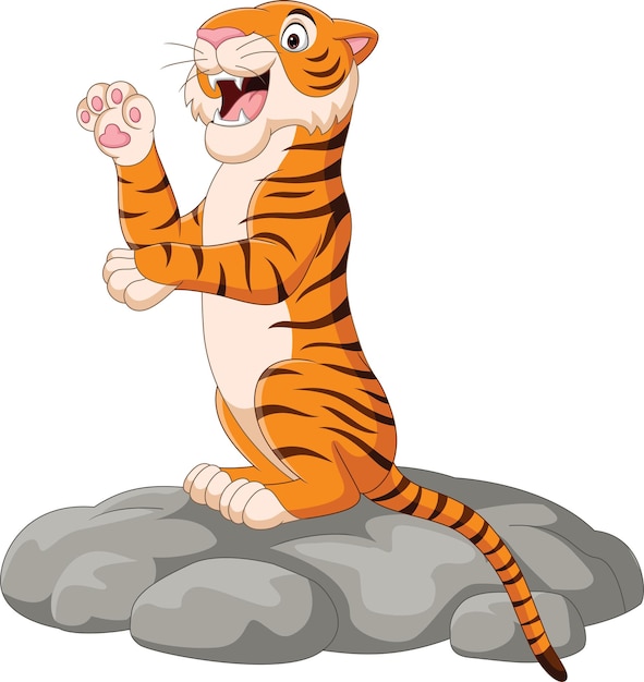 Tigre de dibujos animados posando en la piedra