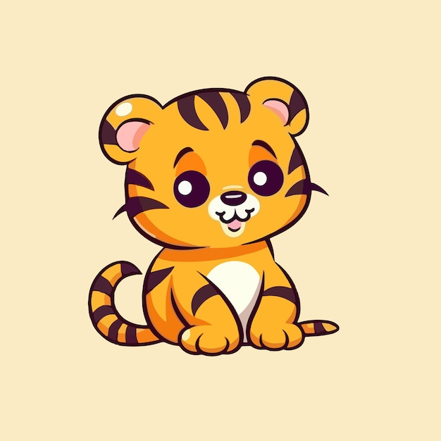 Un tigre de dibujos animados sentado sobre un fondo amarillo claro.