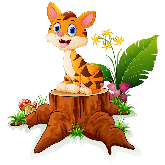 Tigre de dibujos animados sentado en tocón de árbol