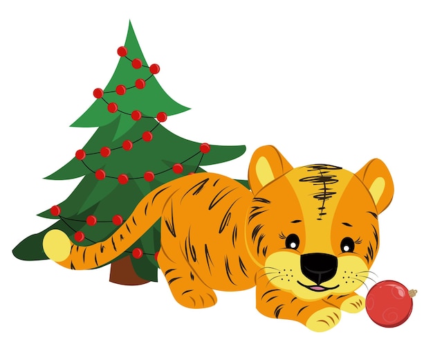 Vector tigre divertido con un árbol de navidad y una bola roja