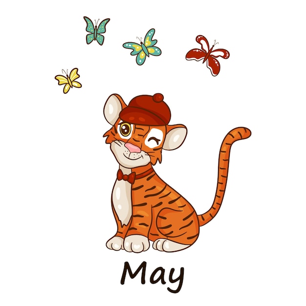 El tigre es símbolo del año nuevo chino, con la inscripción mayo. llevaba gorra y pajarita, con mariposas volando alrededor. perfecto para crear calendarios. estilo de dibujos animados de vector