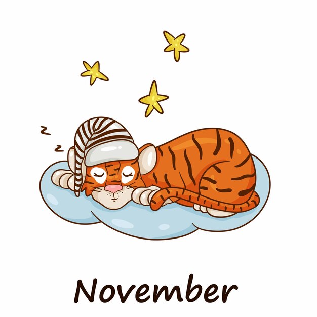 El tigre es símbolo del año nuevo chino, con la inscripción noviembre. durmiendo en una nube entre las estrellas. perfecto para crear calendarios. estilo de dibujos animados de ilustración vectorial