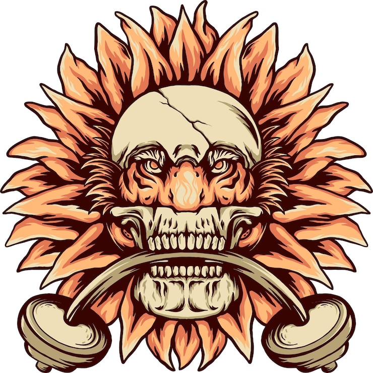 un tigre escondido detrás de una calavera con un girasol detrás