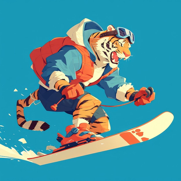 Un tigre está esquiando al estilo de los dibujos animados