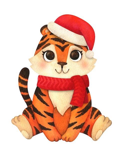 El tigre está sentado con una bufanda y un sombrero navideños. acuarela animal de dibujos animados del año nuevo 2022