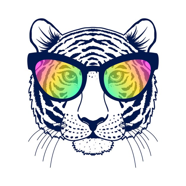 Tigre con gafas de sol sobre fondo blanco. Idea para el diseño de camisetas.