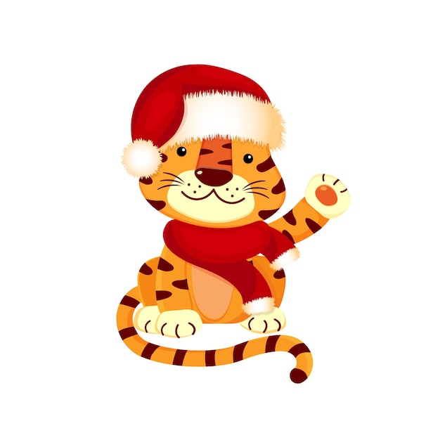 Tigre con gorro de Papá Noel, saludando con la pata, saluda, sobre fondo blanco aislado.