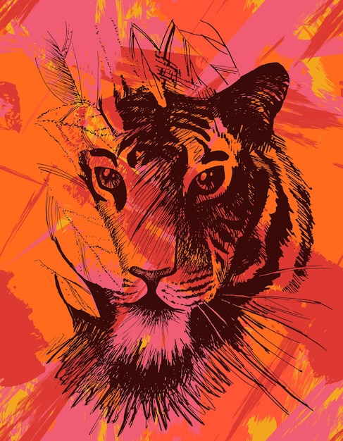 Tigre de grunge debajo de las hojas. Vintage gato montés en la selva. Animal tropical retro. Vector