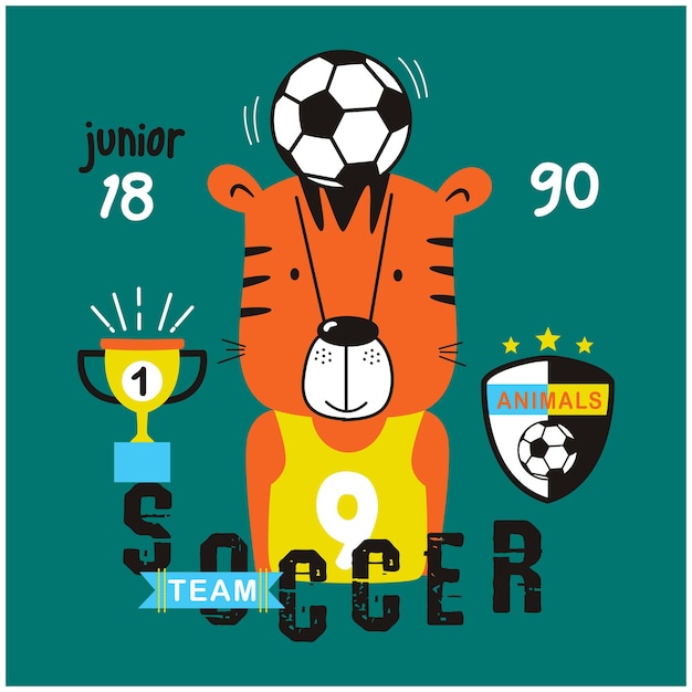 Vector tigre, el, jugador, fútbol, divertido, animal, caricatura