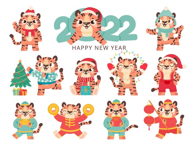 Tigre lindo 2022. Tigres chinos de símbolo de feliz año nuevo en traje tradicional con oro. Feliz navidad animal en conjunto de vectores de sombrero de santa. Ilustración de dibujos animados de tigre rayado tradicional traje de navidad
