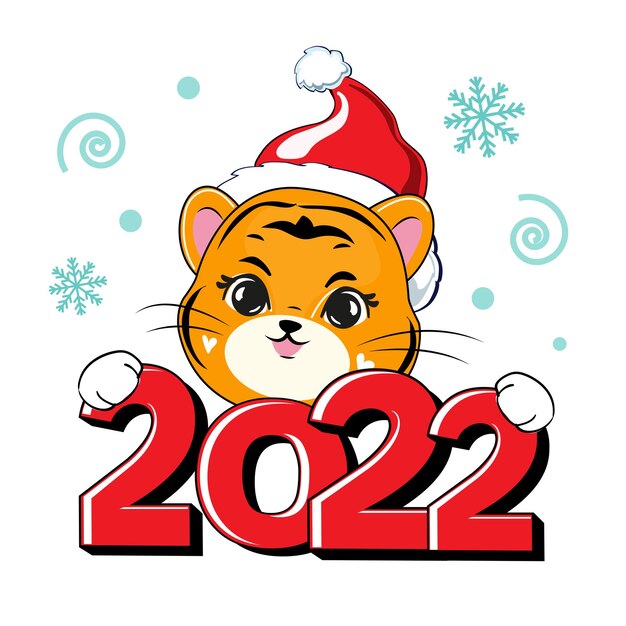 Vector tigre lindo año nuevo con sombrero de santa claus y letras 2022 aislado ilustración vectorial