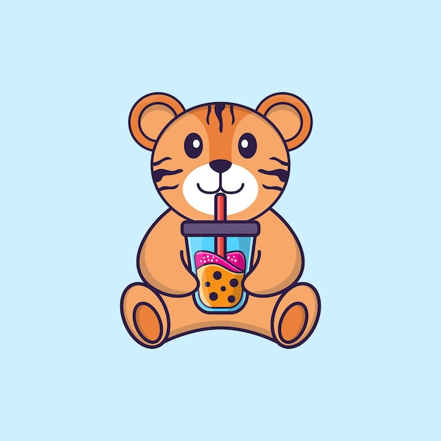 Tigre lindo bebiendo té con leche de Boba. Concepto de dibujos animados de animales aislado. Estilo de dibujos animados plana