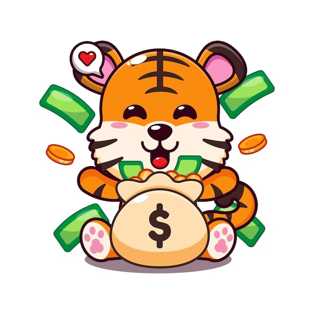 un tigre lindo con una bolsa de dinero ilustración vectorial de dibujos animados