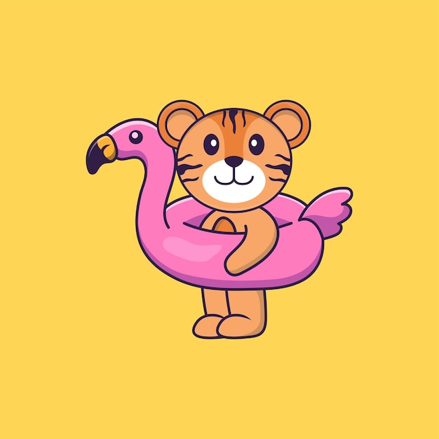 Tigre lindo con boya flamingo. concepto de dibujos animados de animales aislado. estilo de dibujos animados plana