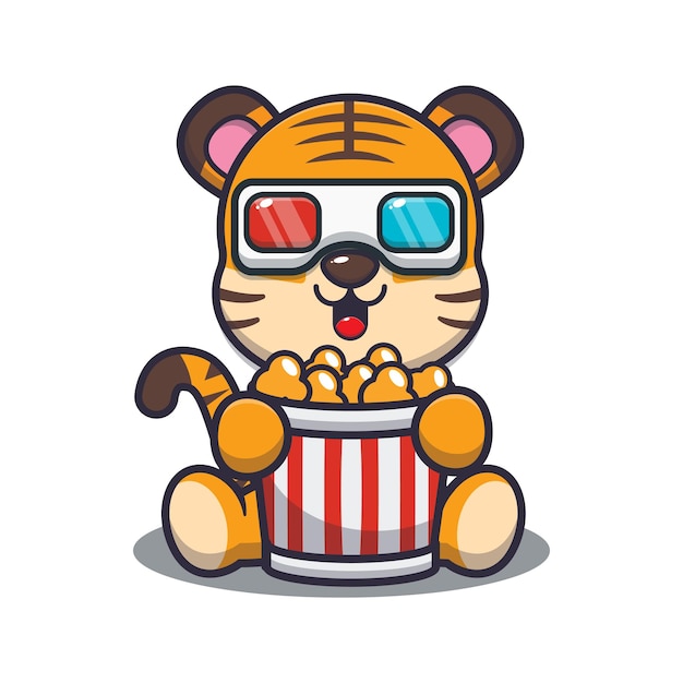 Tigre lindo comiendo palomitas de maíz y ver una película en 3d ilustración de dibujos animados de animales lindos